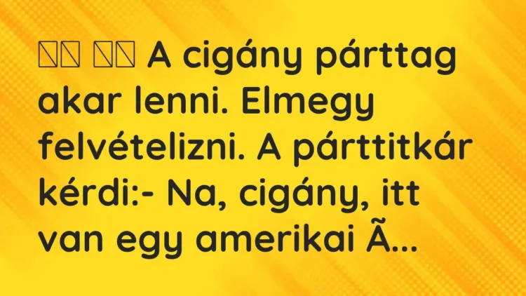 Vicc:
A cigány párttag akar lenni. Elmegy felvételizni. A… Vicc:
A cigány párttag akar lenni. Elmegy felvételizni. A…
