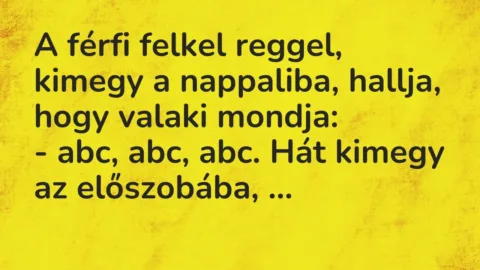 Vicc: A férfi felkel reggel, kimegy a nappaliba, hallja, hogy valaki mondja:
– a… Vicc: A férfi felkel reggel, kimegy a nappaliba, hallja, hogy valaki mondja:
– a…