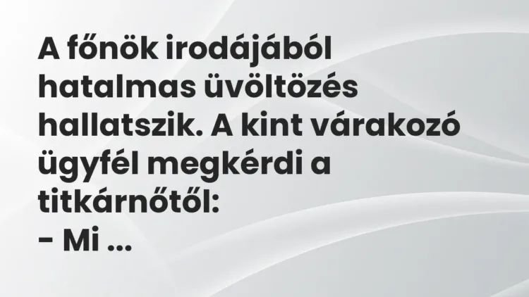 Vicc: A főnök irodájából hatalmas üvöltözés hallatszik. A kint várakozó ügyfél… Vicc: A főnök irodájából hatalmas üvöltözés hallatszik. A kint várakozó ügyfél…