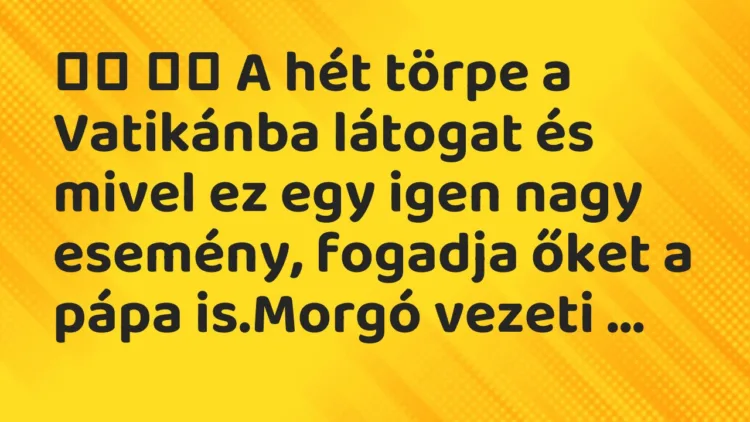 Vicc:
A hét törpe a Vatikánba látogat és mivel ez egy igen nagy… Vicc:
A hét törpe a Vatikánba látogat és mivel ez egy igen nagy…