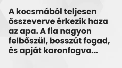 Vicc: A kocsmából teljesen összeverve érkezik haza az apa. A fia nagyon felbőszül,…