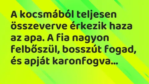 Vicc: A kocsmából teljesen összeverve érkezik haza az apa. A fia nagyon felbőszül,…