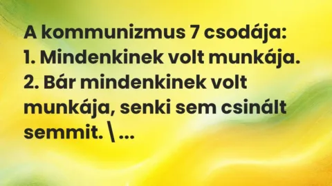 Vicc: A kommunizmus 7 csodája:

1. Mindenkinek volt munkája.

2. Bár…