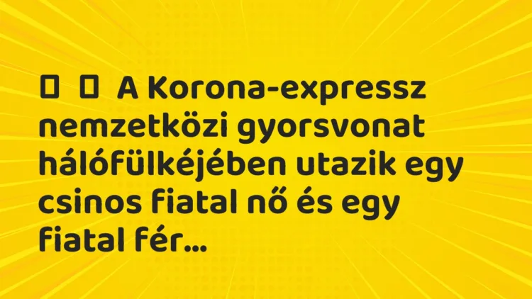 Vicc:
A Korona-expressz nemzetközi gyorsvonat hálófülkéjében utazik egy… Vicc:
A Korona-expressz nemzetközi gyorsvonat hálófülkéjében utazik egy…