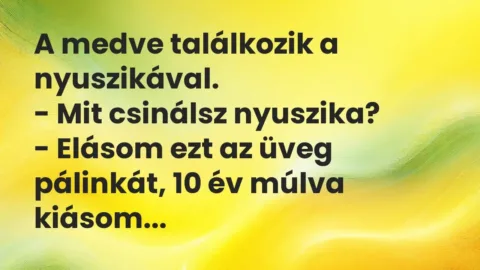 Vicc: A medve találkozik a nyuszikával.

– Mit csinálsz nyuszika?

– Elásom…