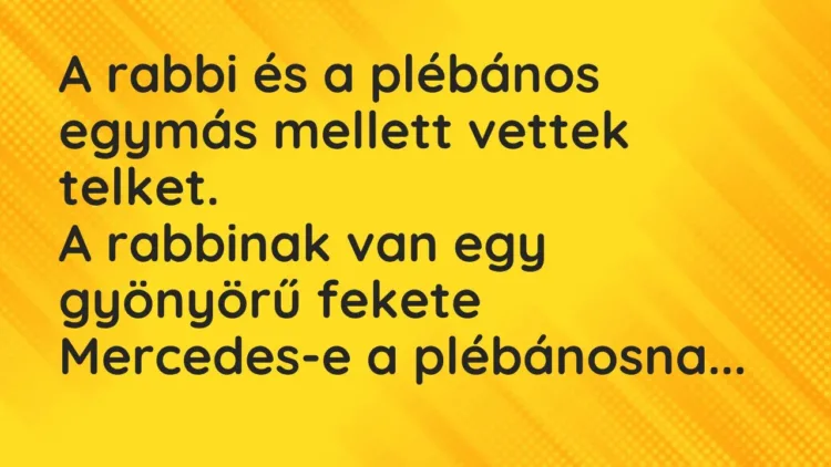 Vicc: A rabbi és a plébános egymás mellett vettek telket.
A rabbinak van egy… Vicc: A rabbi és a plébános egymás mellett vettek telket.
A rabbinak van egy…