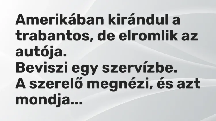 Vicc: Amerikában kirándul a trabantos, de elromlik az autója.
Beviszi egy… Vicc: Amerikában kirándul a trabantos, de elromlik az autója.
Beviszi egy…