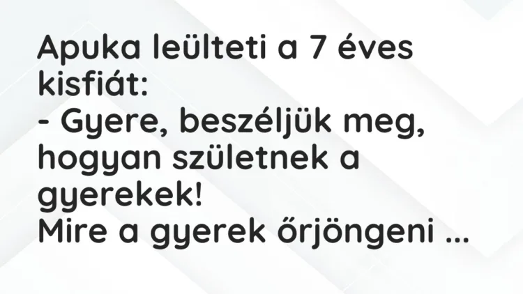 Vicc: Apuka leülteti a 7 éves kisfiát: – Gyere, beszéljük meg, hogyan születnek a…