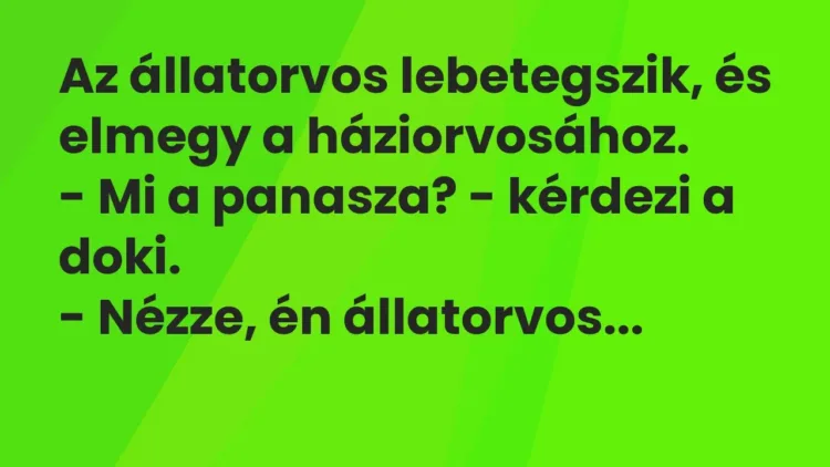 Vicc: Az állatorvos lebetegszik, és elmegy a háziorvosához.
– Mi a panasza? -… Vicc: Az állatorvos lebetegszik, és elmegy a háziorvosához.
– Mi a panasza? -…
