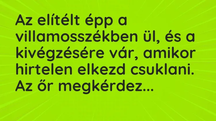 Vicc: Az elítélt épp a villamosszékben ül, és a kivégzésére vár, amikor hirtelen… Vicc: Az elítélt épp a villamosszékben ül, és a kivégzésére vár, amikor hirtelen…