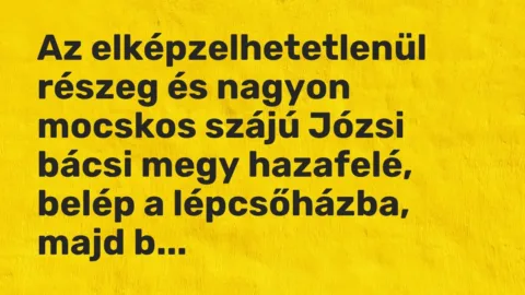 Vicc: Az elképzelhetetlenül részeg és nagyon mocskos szájú Józsi bácsi megy hazafelé,…