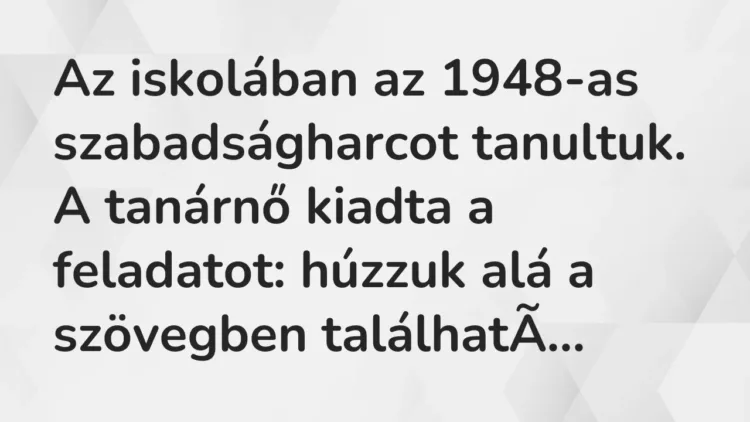 Vicc: Az iskolában az 1948-as szabadságharcot tanultuk. A tanárnő kiadta a feladatot:… Vicc: Az iskolában az 1948-as szabadságharcot tanultuk. A tanárnő kiadta a feladatot:…