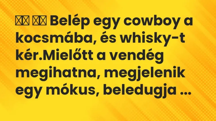 Vicc:
Belép egy cowboy a kocsmába, és whisky-t kér.Mielőtt a … Vicc:
Belép egy cowboy a kocsmába, és whisky-t kér.Mielőtt a …