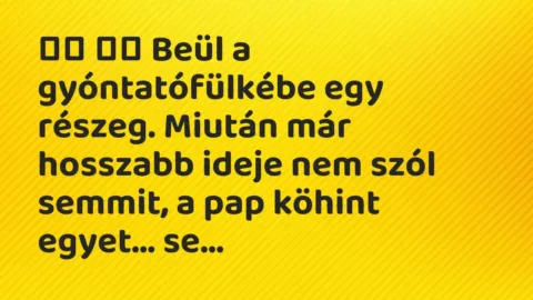 Vicc: 
		  
		  Beül a gyóntatófülkébe egy részeg. Miután már hosszabb…