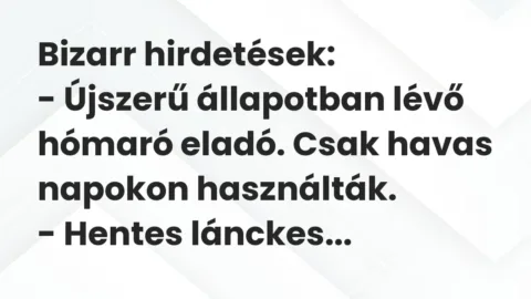 Vicc: Bizarr hirdetések:

– Újszerű állapotban lévő hómaró eladó. Csak havas…