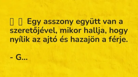 Vicc: 
	    	    Egy asszony együtt van a szeretőjével, mikor hallja, hogy nyílik az a…