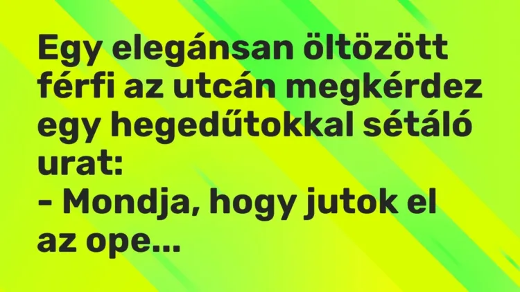 Vicc: Egy elegánsan öltözött férfi az utcán megkérdez egy hegedűtokkal sétáló… Vicc: Egy elegánsan öltözött férfi az utcán megkérdez egy hegedűtokkal sétáló…