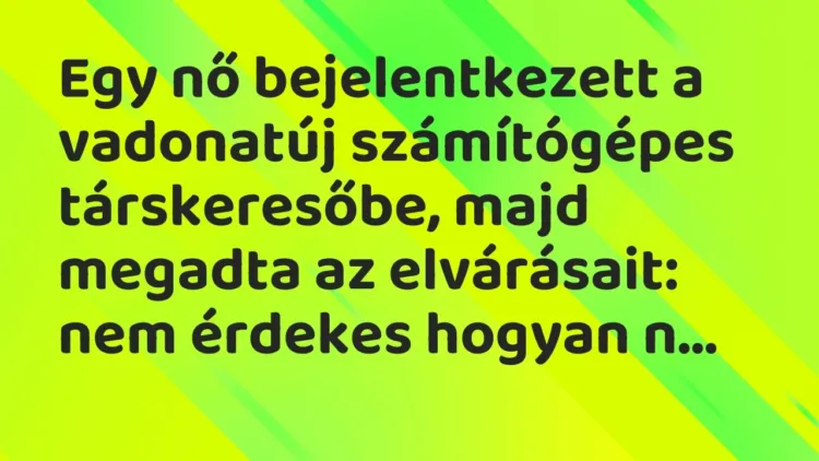 Vicc: Egy nő bejelentkezett a vadonatúj számítógépes társkeresőbe, majd megadta az… Vicc: Egy nő bejelentkezett a vadonatúj számítógépes társkeresőbe, majd megadta az…