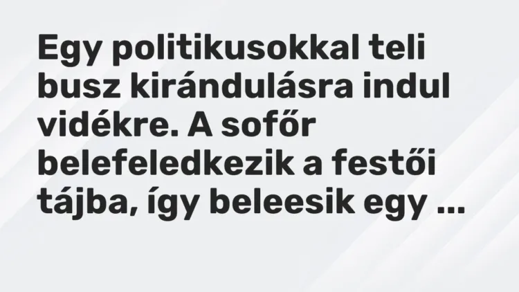 Vicc: Egy politikusokkal teli busz kirándulásra indul vidékre. A sofőr belefeledkezik… Vicc: Egy politikusokkal teli busz kirándulásra indul vidékre. A sofőr belefeledkezik…