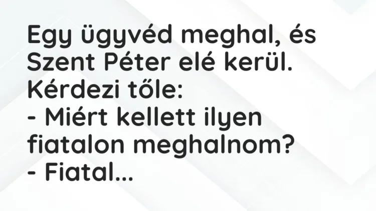 Vicc: Egy ügyvéd meghal, és Szent Péter elé kerül. Kérdezi tőle:
– Miért kellett… Vicc: Egy ügyvéd meghal, és Szent Péter elé kerül. Kérdezi tőle:
– Miért kellett…
