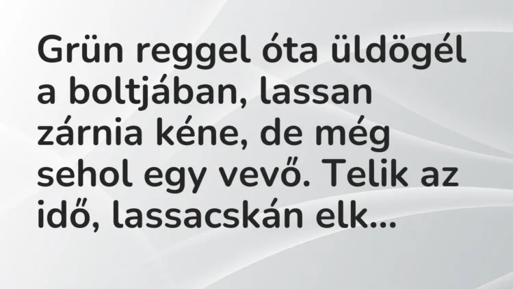 Vicc: Grün reggel óta üldögél a boltjában, lassan zárnia kéne, de még sehol egy vevő…. Vicc: Grün reggel óta üldögél a boltjában, lassan zárnia kéne, de még sehol egy vevő….