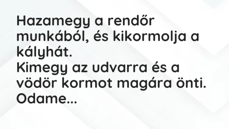 Vicc: Hazamegy a rendőr munkából, és kikormolja a kályhát.
Kimegy az udvarra és a… Vicc: Hazamegy a rendőr munkából, és kikormolja a kályhát.
Kimegy az udvarra és a…