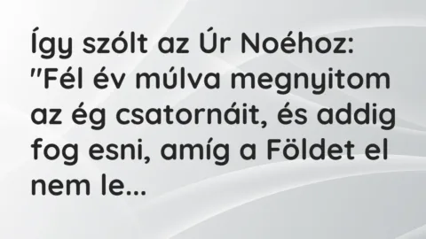 Vicc: Így szólt az Úr Noéhoz: „Fél év múlva megnyitom az ég csatornáit, és addig fog… Vicc: Így szólt az Úr Noéhoz: „Fél év múlva megnyitom az ég csatornáit, és addig fog…