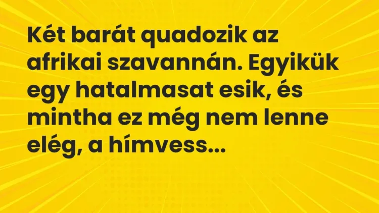 Vicc: Két barát quadozik az afrikai szavannán. Egyikük egy hatalmasat esik, és mintha… Vicc: Két barát quadozik az afrikai szavannán. Egyikük egy hatalmasat esik, és mintha…