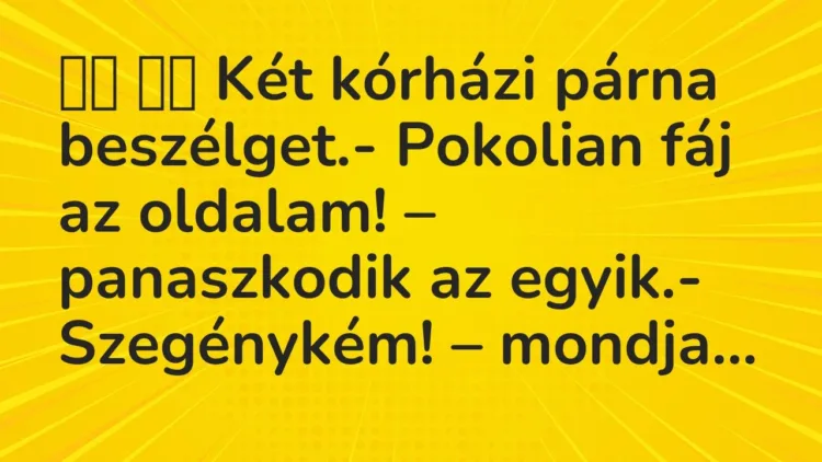 Vicc:
Két kórházi párna beszélget.- Pokolian fáj az oldalam! … Vicc:
Két kórházi párna beszélget.- Pokolian fáj az oldalam! …