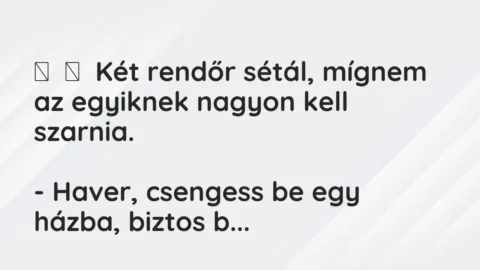 Vicc: 
	    	    Két rendőr sétál, mígnem az egyiknek nagyon kell szarnia.


-…
