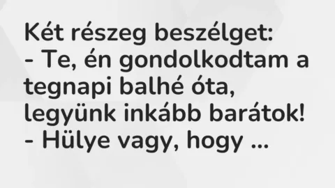 Vicc: Két részeg beszélget:

– Te, én gondolkodtam a tegnapi balhé óta, legyünk…