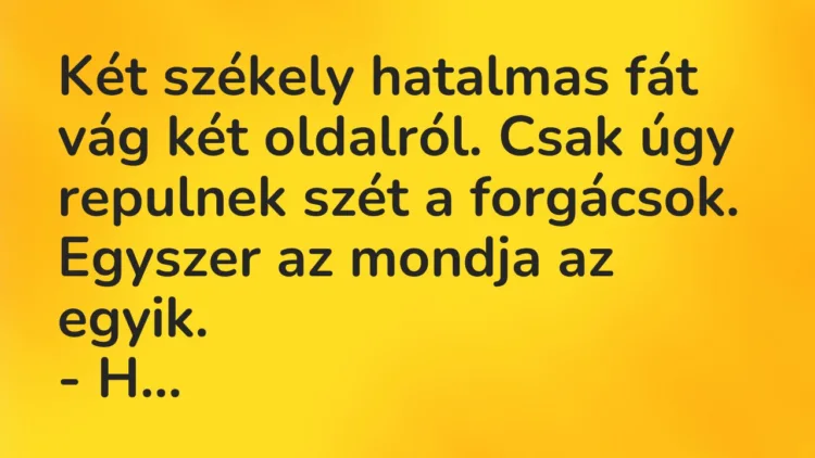 Vicc: Két székely hatalmas fát vág két oldalról. Csak úgy repulnek szét a forgácsok….
