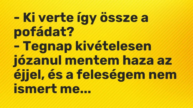 Vicc: – Ki verte így össze a pofádat? – Tegnap kivételesen józanul mentem haza az…