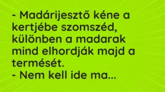 Vicc: – Madárijesztő kéne a kertjébe szomszéd, különben a madarak mind elhordják majd…