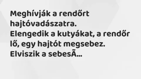 Vicc: Meghívják a rendőrt hajtóvadászatra.

Elengedik a kutyákat, a rendőr lő, egy…