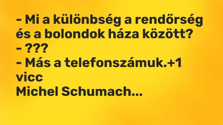 Vicc: – Mi a különbség a rendőrség és a bolondok háza között?
– ???
– Más a… Vicc: – Mi a különbség a rendőrség és a bolondok háza között?
– ???
– Más a…