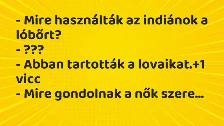 Vicc: – Mire használták az indiánok a lóbőrt?
– ???
– Abban tartották a… Vicc: – Mire használták az indiánok a lóbőrt?
– ???
– Abban tartották a…