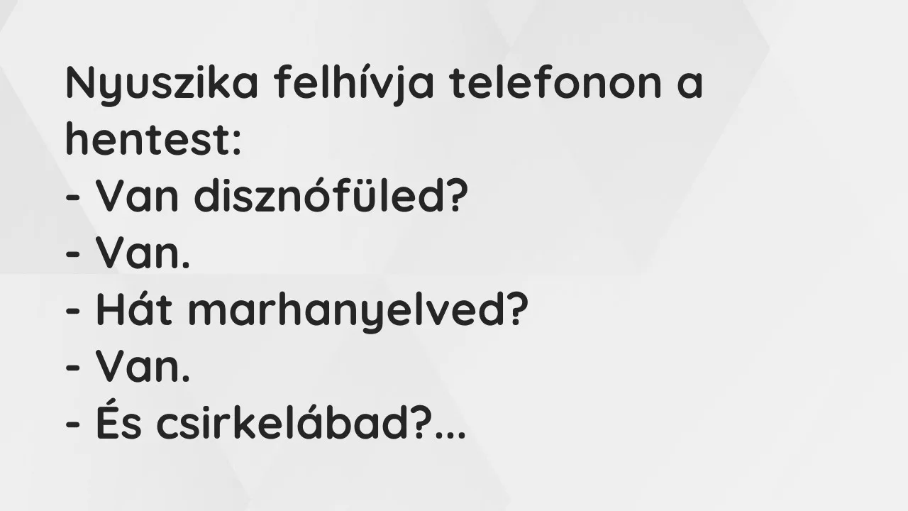 Vicc: Nyuszika felhívja telefonon a hentest:

– Van disznófüled?

-…