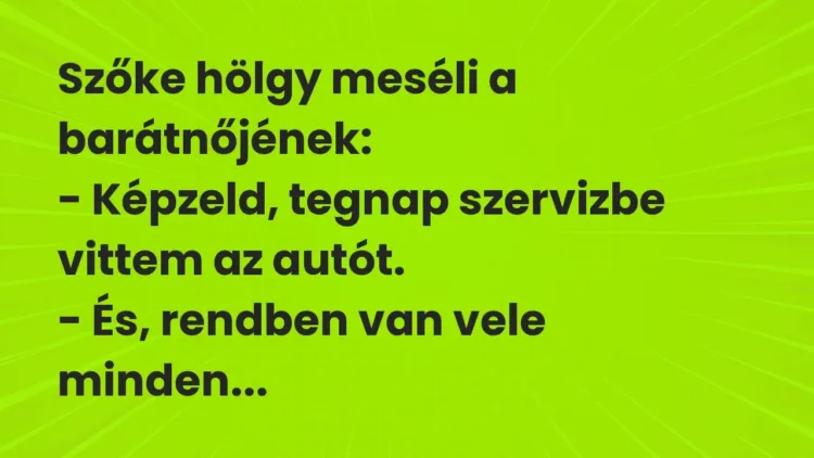 Vicc: Szőke hölgy meséli a barátnőjének:
– Képzeld, tegnap szervizbe vittem az… Vicc: Szőke hölgy meséli a barátnőjének:
– Képzeld, tegnap szervizbe vittem az…