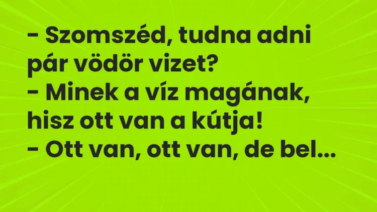 Vicc: – Szomszéd, tudna adni pár vödör vizet?
– Minek a víz magának, hisz ott van… Vicc: – Szomszéd, tudna adni pár vödör vizet?
– Minek a víz magának, hisz ott van…
