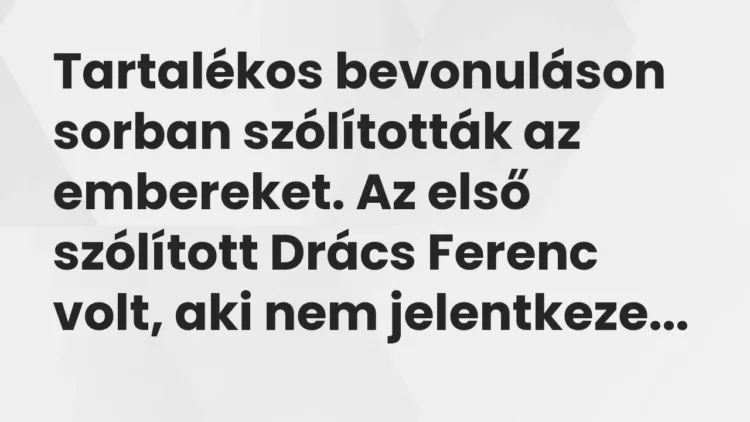 Vicc: Tartalékos bevonuláson sorban szólították az embereket. Az első szólított Drács… Vicc: Tartalékos bevonuláson sorban szólították az embereket. Az első szólított Drács…