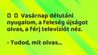 Vicc: Vasárnap délutáni nyugalom, a feleség újságot olvas, a férj…