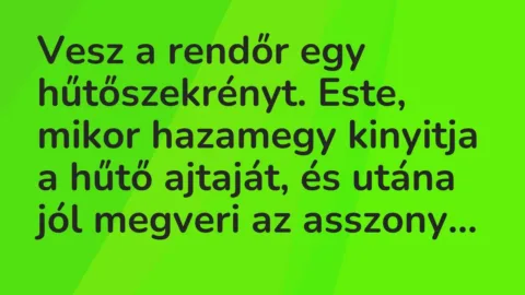 Vicc: Vesz a rendőr egy hűtőszekrényt. Este, mikor hazamegy kinyitja a hűtő ajtaját,…