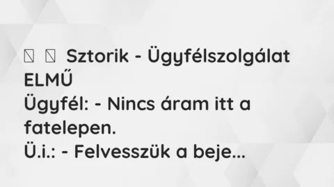 Vicces történet: 
	    	    Sztorik – Ügyfélszolgálat ELMŰ


Ügyfél: – Nincs áram itt a…