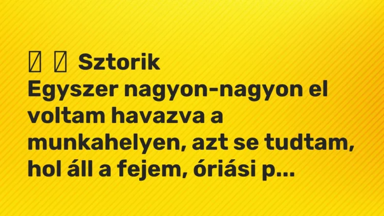 Vicces történet:
Sztorik
Egyszer nagyon-nagyon el voltam havazva a munkahelyen,… Vicces történet:
Sztorik
Egyszer nagyon-nagyon el voltam havazva a munkahelyen,…