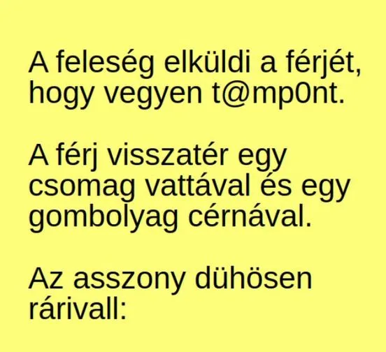 Vicc: A feleség elküldi a férjét, hogy vegyen t@mp0nt Vicc: A feleség elküldi a férjét, hogy vegyen t@mp0nt