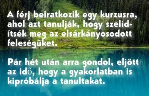 Vicc: A férj beiratkozik egy tanfolyamra, ahol azt tanulják, hogy szelídítsék…