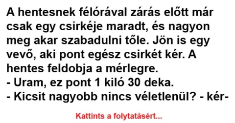 Vicc: A hentesnek félórával zárás előtt már csak egy csirkéje Vicc: A hentesnek félórával zárás előtt már csak egy csirkéje maradt
