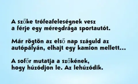 Vicc: A szőke trófeafeleségnek vesz a férje egy méregdrága sportautót. Másnap…