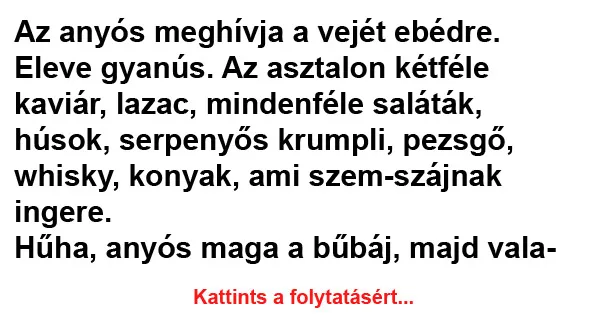 Vicc: Az asztalon kétféle kaviár, lazac, mindenféle saláták, húsok, serpenyős krumpli